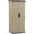 Suncast Vertical Shed, Compact Outdoor Storage System, 22 Cu. Ft. Capacity, Sand & Mustang - Lockable Multi-Wall Resin Organizer for Long-Handle Tools, Garden Supplies and Yard Equipment