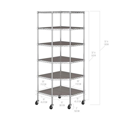 Seville Classics UltraDurable Commercial-Grade 6-Tier NSF-Certified Corner Steel Wire Shelving with Wheels, 28" W x 28" D x 72" H