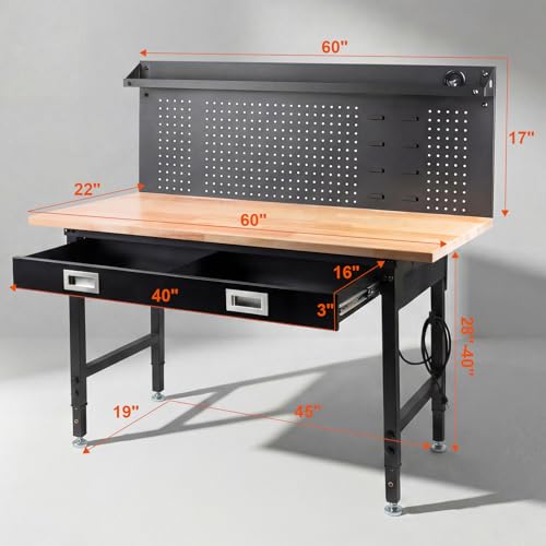 60" Adjustable Work Bench with Drawers, Workbench for Garage with Strip Light, Work Table with Large Pegboard, 2000 LBS Heavy Duty Table with Power Outlet Rubber Wood for Office, Workshop