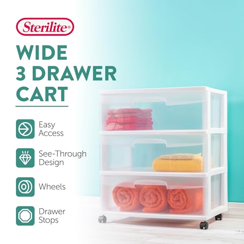 Sterilite Wide 3 Drawer Storage Cart, Plastic Rolling Cart with Wheels to Organize Clothes in Bedroom, Closet, White with Clear Drawers, 3-Pack