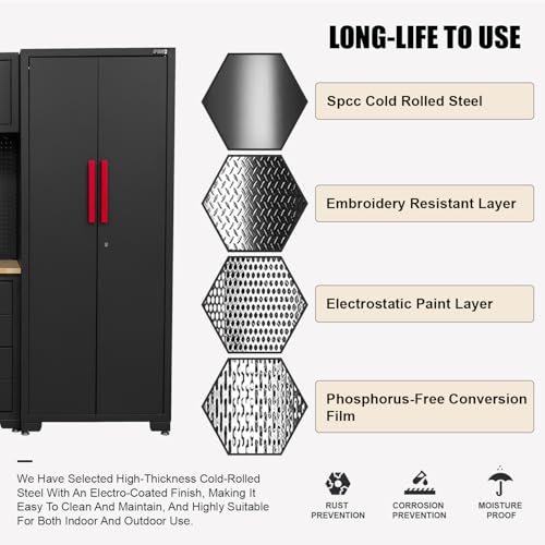 HPDMC Garage Storage Cabinet System - 2 * 6-Pcs Workshop Set with Steel Cabinet Drawers, Tool Chest, Workbench, Pegboard for Tool Organization