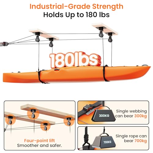 Pacikwest Kayak Hoist for Garage Ceiling, 180 lb Kayak Pulley System for Garage, Heavy Duty Kayak Storage Hoist for 8-16Ft Ceiling,Canoes Lift Storage System