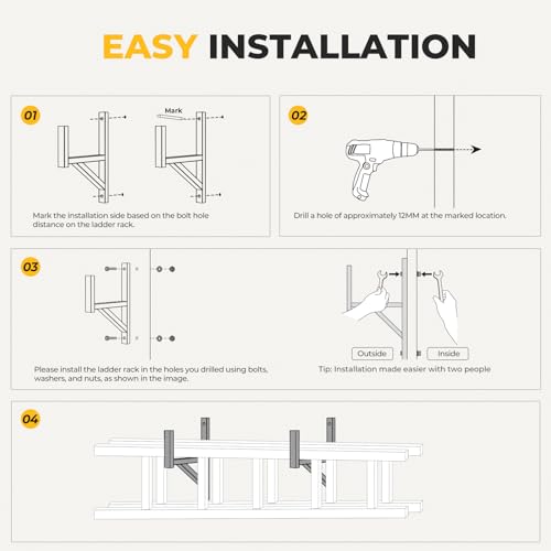 BougeRV Side Mount Trailer Ladder Rack, 2 Racks Heavy Duty Steel Ladder Racks with Bungee Cords Fit for Open and Enclosed Trailer Side Wall, 353 LBS Capacity, Carry 1 or 2 Ladders