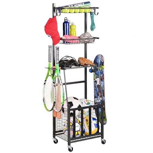 PLKOW Alloy Steel Sports Equipment Storage, Indoor/Outdoor Sports Rack, Ball Storage Organizer with Basket and Hooks For Toy/Sports Gear for Garage