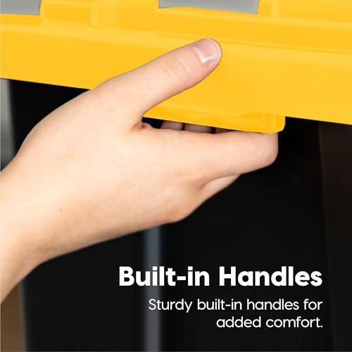 IRIS USA 4-Pack 12 Gallon Storage Bins with Lids |Made in USA| Heavy Duty Plastic Tote Containers for Truckbed Tool Box Organization, Large - Black/Yellow