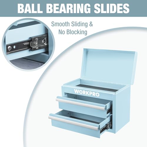 WORKPRO Metal Mini Tool Box, Top Tool Chest containing Two Drawers with Ball Bearing Slides, PVC Drawer Liners and PP Feet Pads, Durable Cold Rolled Steel Small Toolbox for Multi-Purpose Storage