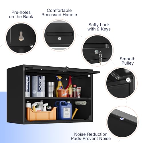 Yizosh Metal Garage Wall Cabinet with Doors and Shelves, Wall Mounted Metal Storage Cabinet, Floating Garage Tool Cabinet for Garage, Basement, Kitchen, Warehouse (Black, 21.6" H)
