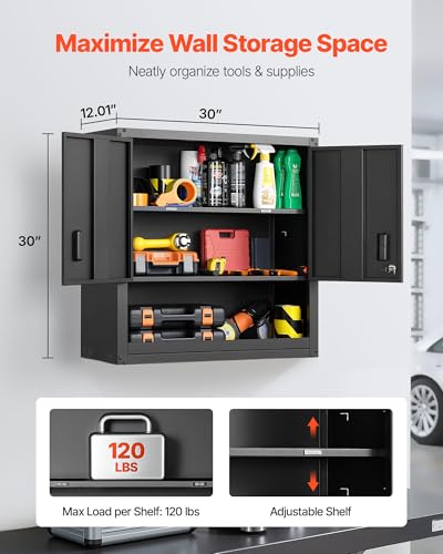 VEVOR Metal Wall Cabinet, 30W x 12.01D x 30H Inch, Steel Floating Hanging Storage Cabinet with Locking Doors and Adjustable Shelf for Garage, Basement, Kitchen, Warehouse Assembly Required, Black
