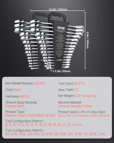 VEVOR Combination Wrench Set, 30-Piece Ratcheting Wrench Set with Organizer Rack, Cr-V Steel Wrench Set SAE 1/4" to 1", Metric 8 mm to 24 mm, Ideal for General Household, Garage, Workshop, Emergency