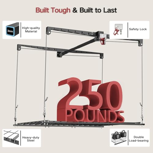 Overhead Garage Storage Rack for 8-10 FT Ceiling, 4x4 FT Ceiling Storage Racks with Safety Lock, Ideal for Garage Storage Mounted Lift System and Storage Organizer, 250lbs Capacity