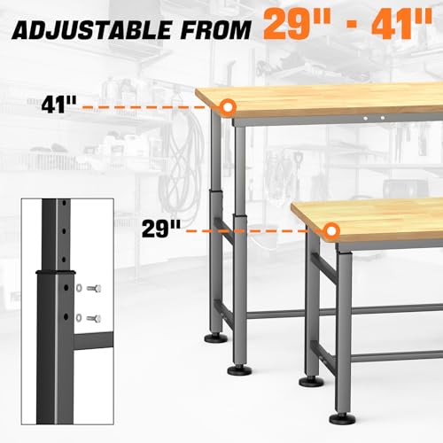 TORACK Adjustable Workbench with Rubberwood Top, 47.75" x 23.25" Heavy-Duty Garage Work Table, Height Adjustable 29"–41", Supports Up to 2000 lbs