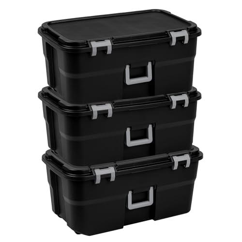 Sterilite 3 Pack Wheeled Footlocker, 22 Gallon Plastic Storage Container with Latching Lid and Handles, Black - Large Stackable Bin Home Organizer