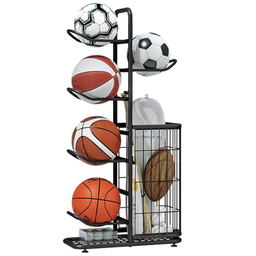 INGIORDAR Basketball Ball Storage Rack Freestanding Organizer Sport Equipment Garage Stand 6 Tier for Football Volleyball Soccer Indoor Outdoor, Black
