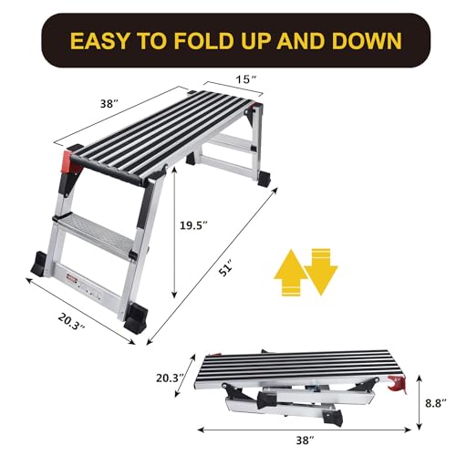 Aluminum Work Platform Large Size Step Stool Folding Portable Work Bench with Non-Slip Mat Capacity 660 LBS Heavy Duty 38" l X 15" w/660lbs