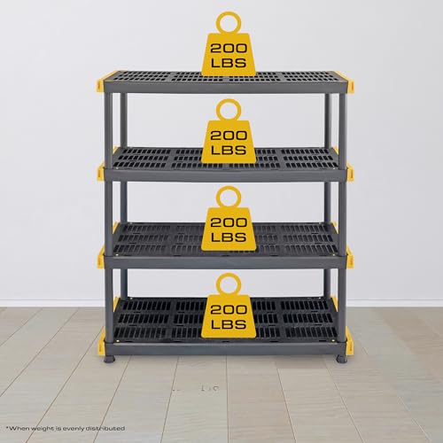 CX Black & Yellow 4-Tier Heavy Duty Storage Shelves and 8 Heavy Duty Storage Bins with Lids, 4 Shelves that Support up to 200lbs/shelf + 27 Gallon Containers (8-Pack), Organization and Storage