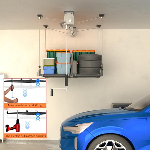 UODENGA Overhead Garage Storage Rack,4x4FT Ceiling Storage Racks with Secure Lock,Garage Storage Lift System for Easy Up Down,Industrial Elevator Lift Holds 400 Lbs
