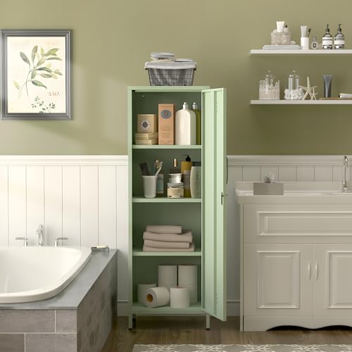 Epochsteele Metal Locker Storage Cabinets Lockable Single File Storage Cabinet with Door and Removable Shelves Kids Locker for School Gym Pantry Kitchen (Green)