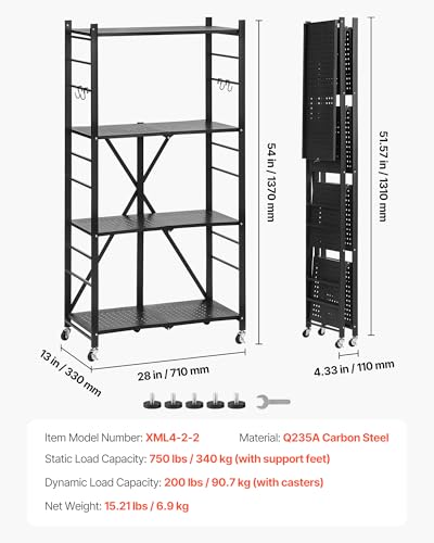 VEVOR 4-Tier Foldable Storage Shelf, 28W x 13D x 54H Inch Folding Metal Rack Shelving Unit, No Assembly Organizer Shelf with 5 Wheels & 4 Hooks for Pantry, Kitchen, Garage, Basement, Black
