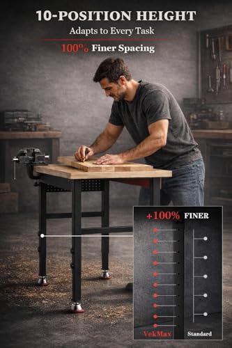 VekMax 48" Heavy Duty Workbench, 2500 LBS Load Capacity Work Bench with 1.2" Laminated Oak Wood Top & Reinforced Steel Frame, Adjustable Height Work Table for Garage, Workshop, Office, Home (Feet)