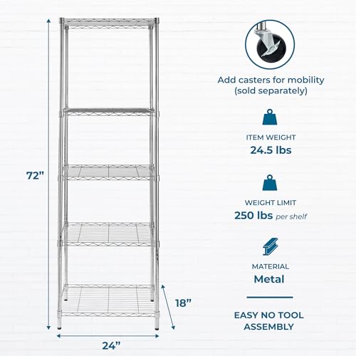 Honey-Can-Do 5-Tier Heavy Duty Adjustable Shelving Unit, 250-lb Per Shelf NSF Certified Metal Storage Rack, Chrome Wire Shelf for Kitchen Pantry Garage, 24 x 18 x 72 in