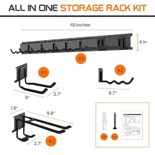 Evalote "48 Garage Tool Organizer Wall Mount - Heavy Duty 520lbs Metal Storage Rack, Easy Install Adjustable Hooks for Garden Tools Brooms