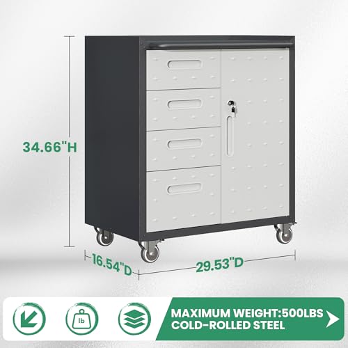 VIYET Garage Cabinets,Metal Garage Storage Cabinet with Wheels,Lockable Rolling Tool Cabinet with Drawer and Adjustable Shelves,Heavy Duty Tool Chest for Home Office Utility Room,Black/Grey