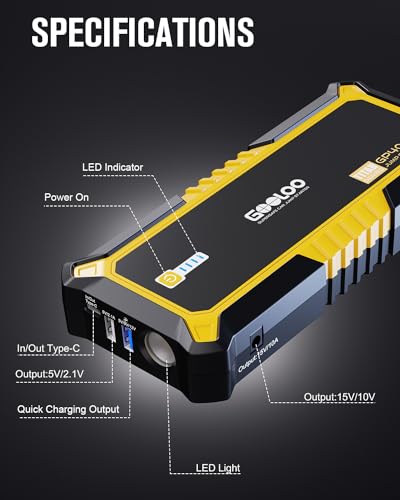 GOOLOO GP4000 Jump Starter 4000A Peak Car Starter (All Gas,up to 10.0L Diesel Engine) SuperSafe 12V Lithium Jump Box,Auto Battery Booster Pack,Portable Power Pack with USB Quick Charge and Type C Port
