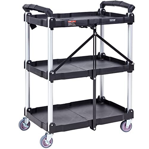 VEVOR Foldable Utility Service Cart, 165LBS 3 Shelf Heavy Duty Plastic Rolling Cart with 360° Swivel Wheels (2 with Brakes), Ergonomic Handle, Portable Garage Tool Cart for Warehouse Office Home
