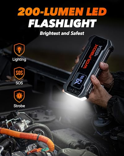 WOLFBOX 4000A Jump Starter,12V Car Battery Jumper Starter Portable with 65W Quick Charger,LED Display,88.8Wh Booster Jump Box Pack (10L Gas 10L Diesel Engine) with LED Light,Jumper Cables, Silver