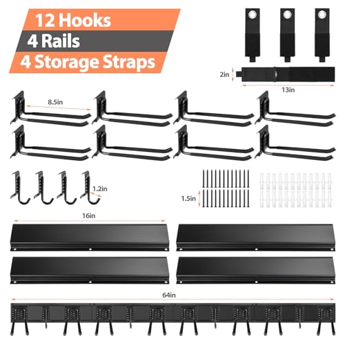 Waturis Garage Organizer - 64 Inch Wall Mount Tool Storage, 20PCs Heavy Duty Garden Tool Organizer with Adjustable Hooks, Max 900 lbs