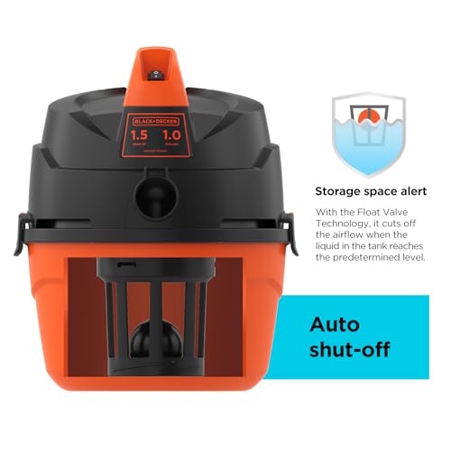 BLACK+DECKER Shop Vacuum Wet and Dry, Small Shop Vac with Accessories, 1 Gallon 1.5 Peak HP, Wall Mount Mini Vacuum for Garage, Home and Pet, 60CFM (BDXV18101P-1H)