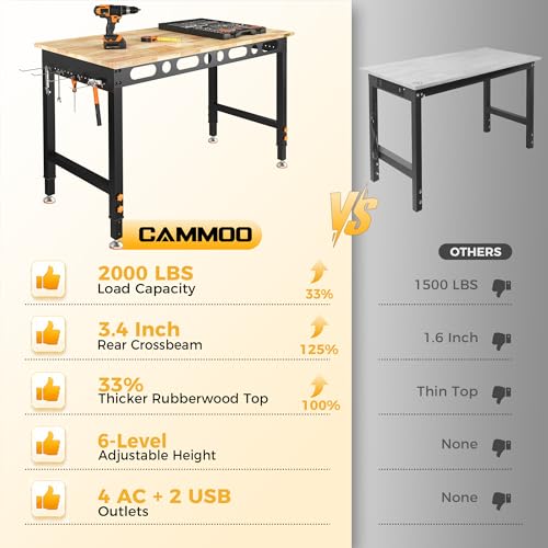 CAMMOO 48 Inch Adjustable Workbench 2000 LBS Capacity, Power Strip, Solid Rubber Wood Top, Heavy Duty Craft Work Table for Home, Garage, Workshop, and Office