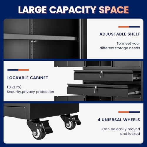 Yizosh Metal Garage Storage Cabinet with Locking Doors and Adjustable Shelves, 74" Rolling Tool Storage Cabinet with 4 Wheels and 2 Drawer for Garage,Warehouse
