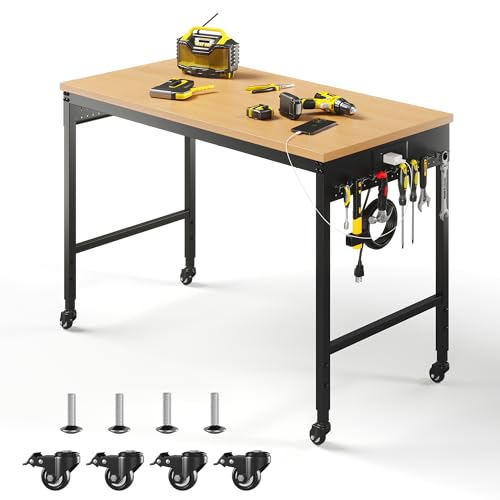 48" Work Bench Adjustable Height Workbench with Power Outlet & Pegboard Heavy Duty Table 2200 LBS Load Capacity Rolling Work Benches for Garage,Workshop,Office,Home