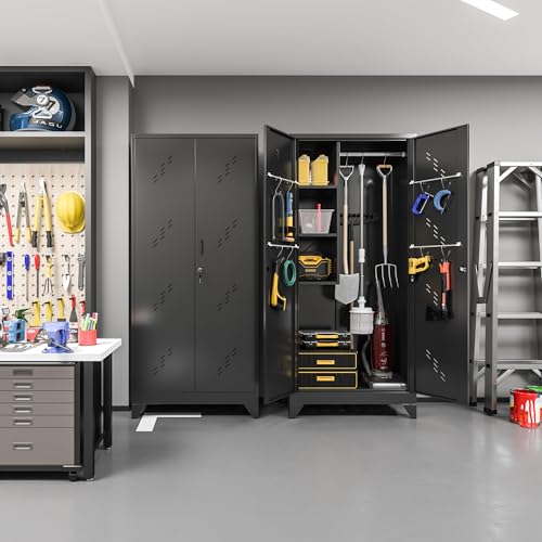 ZONLESON Metal Storage Cabinet, 75" Tall Garage Storage, Utility Cabinet for Brooms and Mops, Metal Locker with Hanging Rod for Garage, Home, Office, Laundry Room, School, Gym, Warehouses, Black