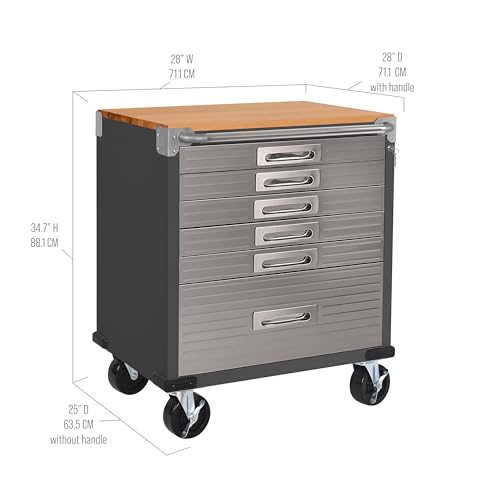 Seville Classics UltraHD Heavy Duty Rolling Cabinet Workbench Table w/Solid Wood Top, Workstation for Garage, Office, Workshop, Graphite, 6-Drawer Soft Close (28" W x 25" D)