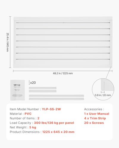 VEVOR Slat Wall Paneling, 2 x 4 ft, PVC Garage Slatwall with Modular Design, White Slat Wall Easy-to-Install Adjustable Slatwall Panel with Coupling Structure & DIY Cutting, Fits for Storage & Display