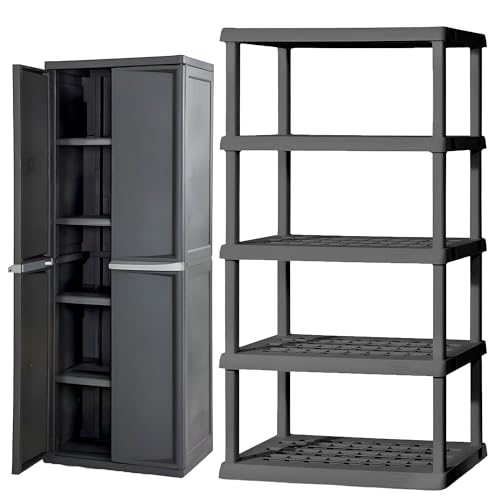 Sterilite 5 Shelf Plastic Storage Unit Bundled with Easy to Assemble Storage Cabinet for Garage, Pantry & Kitchen Organization, 4 Shelves, Gray