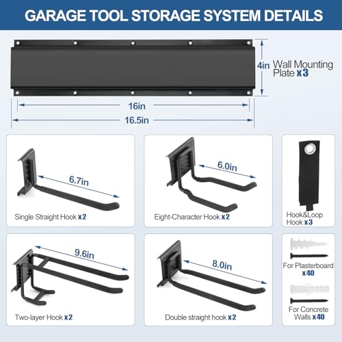 14Pack Garage Tool Organizer Wall Mount, 49.5'' Garage Wall Organizer with 11 Adjustable Hooks, 520lbs Heavy Duty Garage Storage & Organization, Garage Hanging Rack for Garden Yard Tool Shed, Men Gift