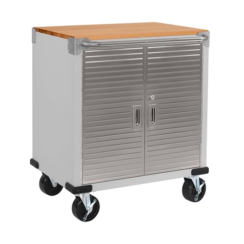 Seville Classics UltraHD Heavy Duty Rolling Cabinet Workbench Table w/Solid Wood Top, Workstation for Garage, Office, Workshop, Granite, 2-Door (28" W x 18" D)