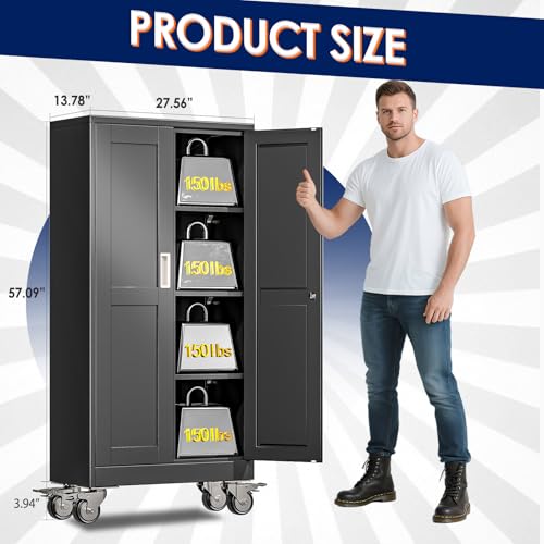 erosoei 61" H Metal Garage Storage Cabinet, Rolling Tool Cabinet with 2 Doors and Wheels, Locker Steel Cabinet with 3 Adjustable Shelves, Organization Cabinet for Garage,Office,Home,Gym,School（Black）