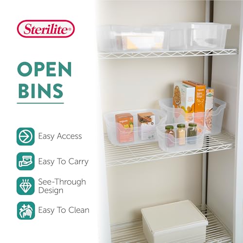 Sterilite 7 x 11 x 14.25 Inch Polished Open Scoop Front Storage Bin with Comfortable Carry Through Handles for Household Organization, Clear (12 Pack)
