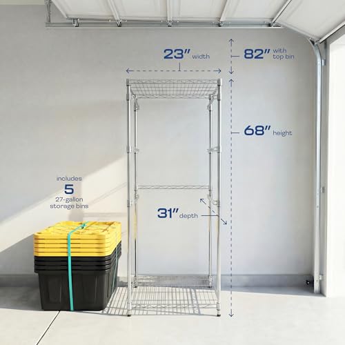 Bin Storage Rack with 5-Pack 27 Gallon Storage Totes – Holiday Decoration Organization, Declutter, NSF Certified, Zinc Plated, Heavy Duty Metal for Garage or Workspace, Steel, 31″ x 23″ x 72″