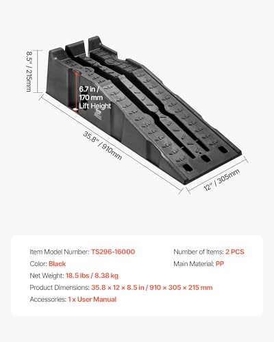 VEVOR Car Ramps, 2 PCS 16000 lbs GVW Capacity, 6.7 in Lift Height, Portable High Profile Car Service Ramps for Home Garage Maintenance and Oil Changes, Heavy Duty for Truck SUV Vehicle Repair, Black
