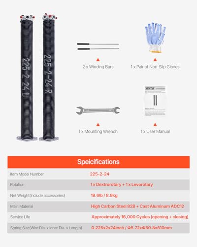 VEVOR Garage Door Torsion Springs, Pair of 0.225 x 2 x 24 in, 16000 Cycles, Electrophoresis Black Coated for Replacement, Garage Door Springs with Non-Slip Winding Bars, Gloves and Mounting Wrench