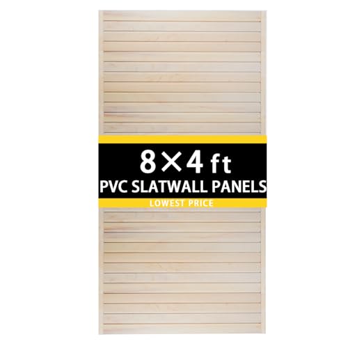 HUZJIEHUI 4'H x 4'W PVC Slatwall Panels Garage Wall Storage System, White Slat Wall Paneling Garage Organizers (Wood Grain, 8x4)