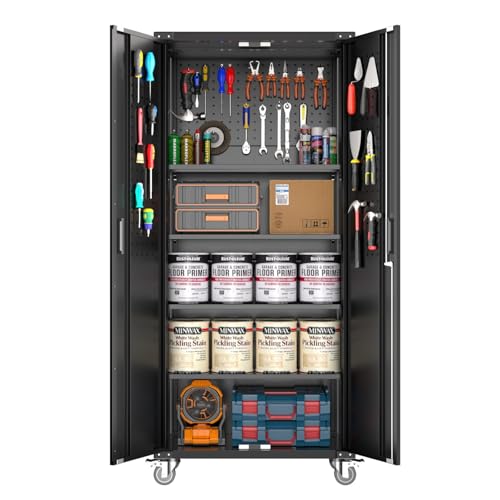 PeacefulHues Metal Garage Storage Cabinet with Doors and Wheels, 72" High Lockable Storage Cabinet with 4 Adjustable Shelves and Pegboard, for Garage Workshop Home Office