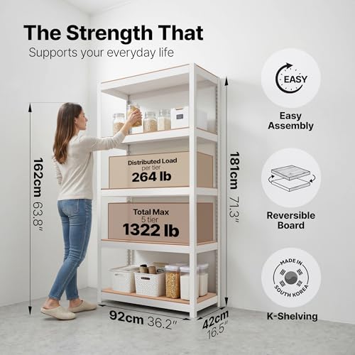 HOMEDANT House 36.2" W 5 Tier Heavy Duty Garage Shelving Adjustable Metal Rack Storage Shelves Standing Shelf Unit Organizers Pantry Closet Office White 1Pack