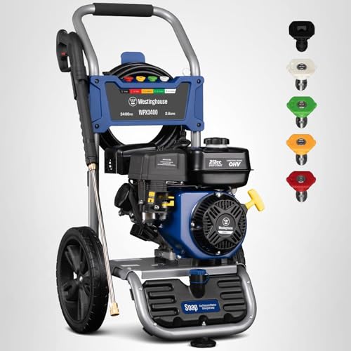 Westinghouse WPX3400 Gas Pressure Washer, 3400 PSI and 2.6 GPM, Onboard Soap Tank, Spray Gun and Wand, 5 Nozzle Set, for Cars/Fences/Driveways/Homes/Patios/Furniture