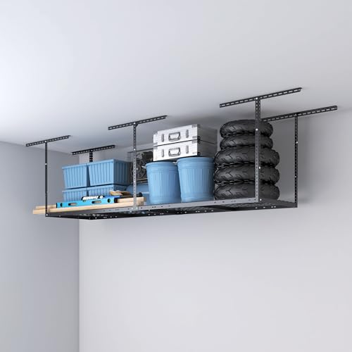 eShelf 2ftx8ft Overhead Garage Storage Rack, Heavy-Duty Metal Garage Ceiling Storage Rack, 22''-40" Adjustable Ceiling Drop-Down, 400 lb. Loading Weight Capacity, Black